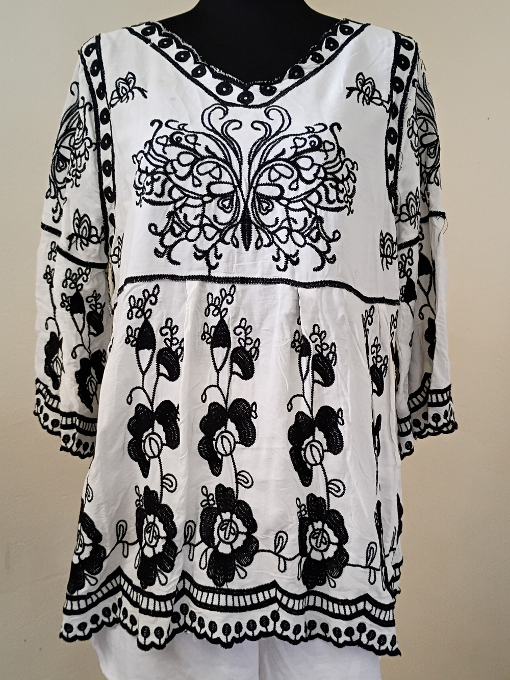 White Boho Style Tunic with Black Embroidered Floral & Butterfly Motif
